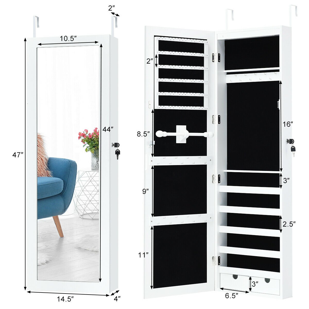 Door Mounted Lockable Mirrored Jewelry Cabinet with LED Lights, White - Gallery Canada