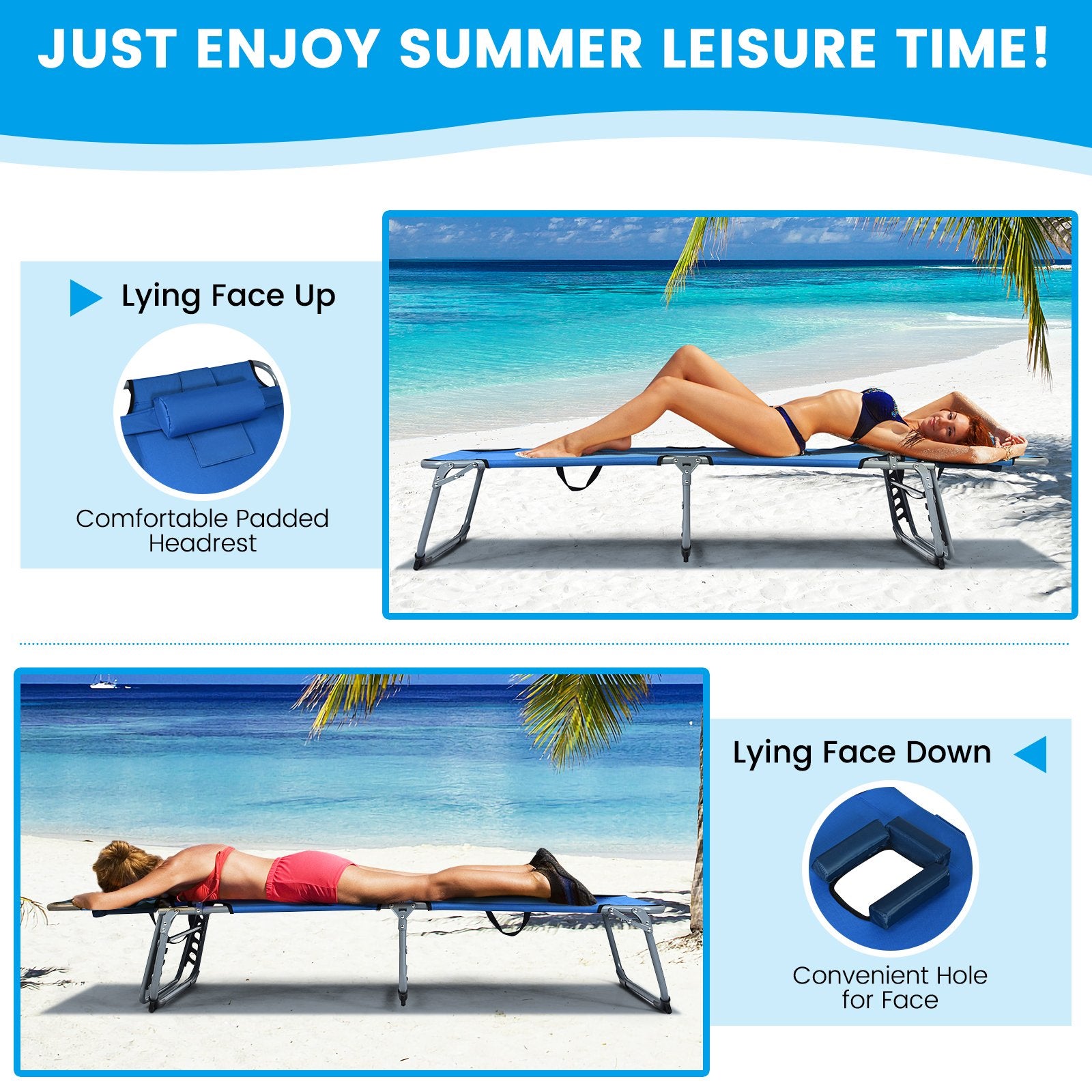 Folding Chaise Lounge Chair with Face Hole for Beach, Blue Outdoor Chaise Lounges   at Gallery Canada