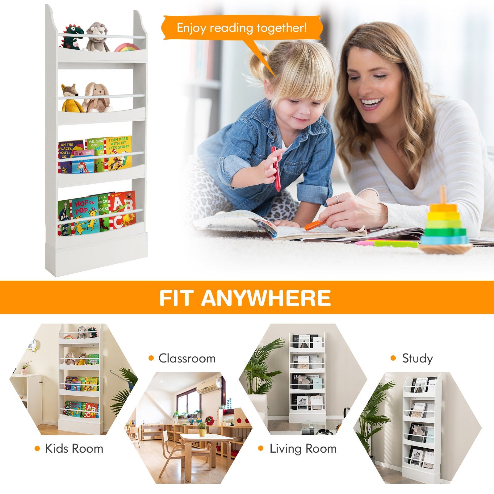 4-Tier Bookshelf with 2 Anti-Tipping Kits for Books and Magazines, White Kids Storage   at Gallery Canada