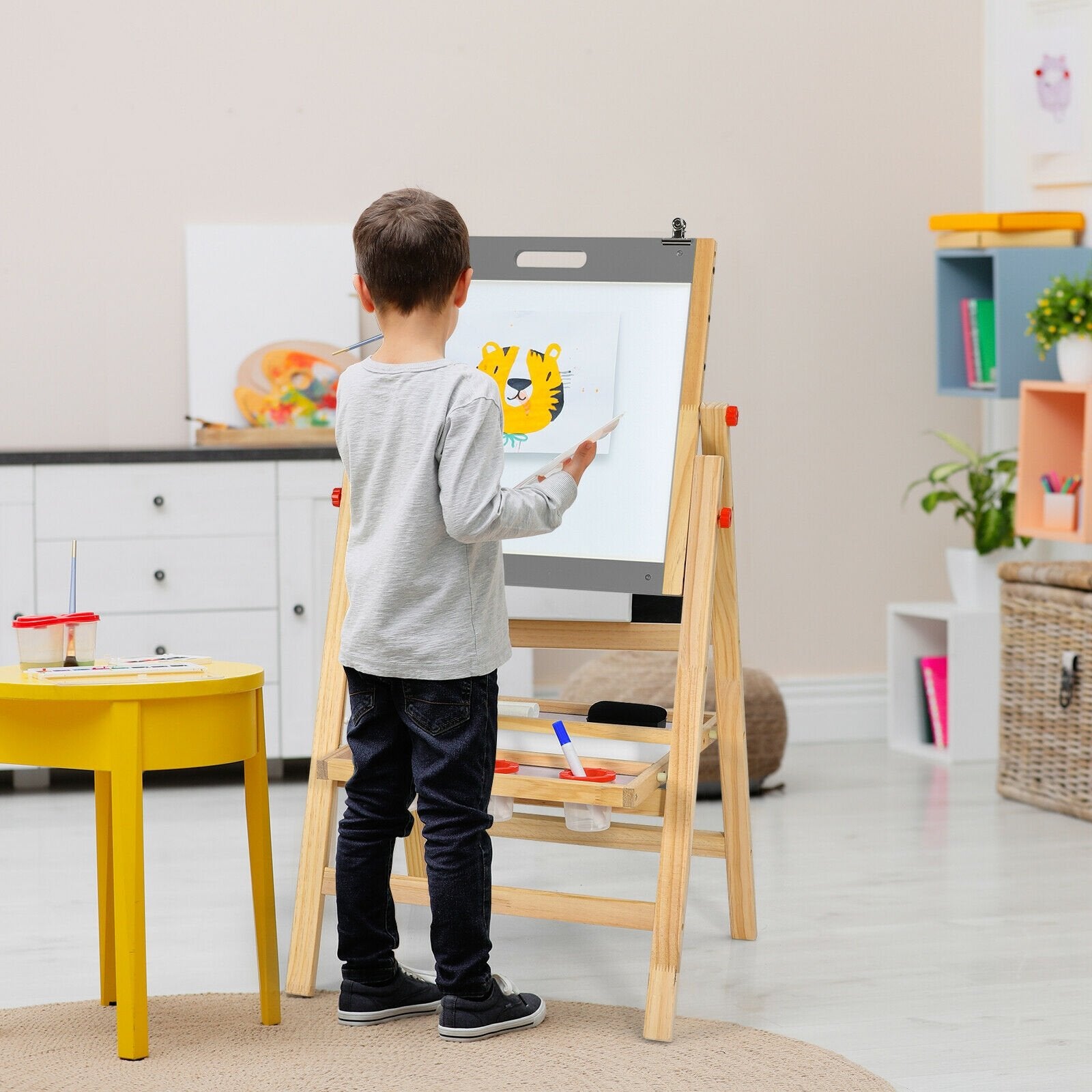 Kids Art Easel with Paper Roll Double Sided Chalkboard and Whiteboard, Gray Art Easels   at Gallery Canada