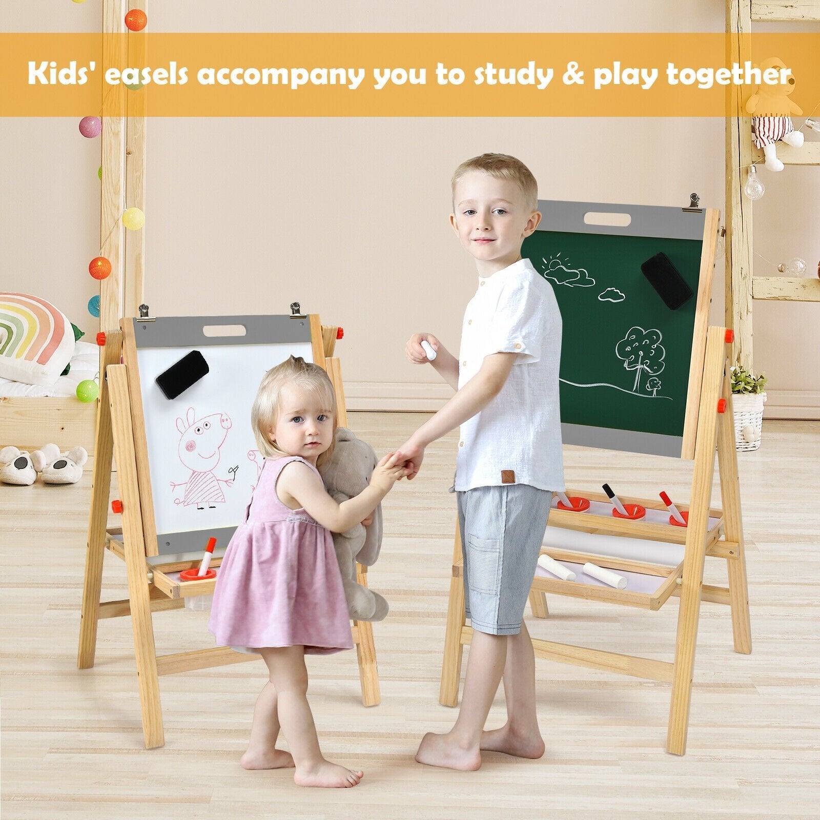 Kids Art Easel with Paper Roll Double Sided Chalkboard and Whiteboard, Gray Art Easels   at Gallery Canada