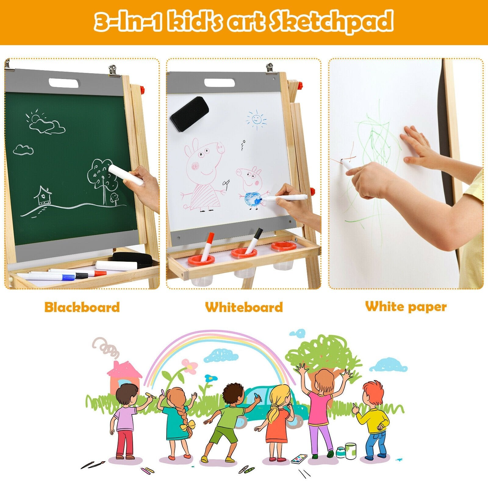 Kids Art Easel with Paper Roll Double Sided Chalkboard and Whiteboard, Gray Art Easels   at Gallery Canada