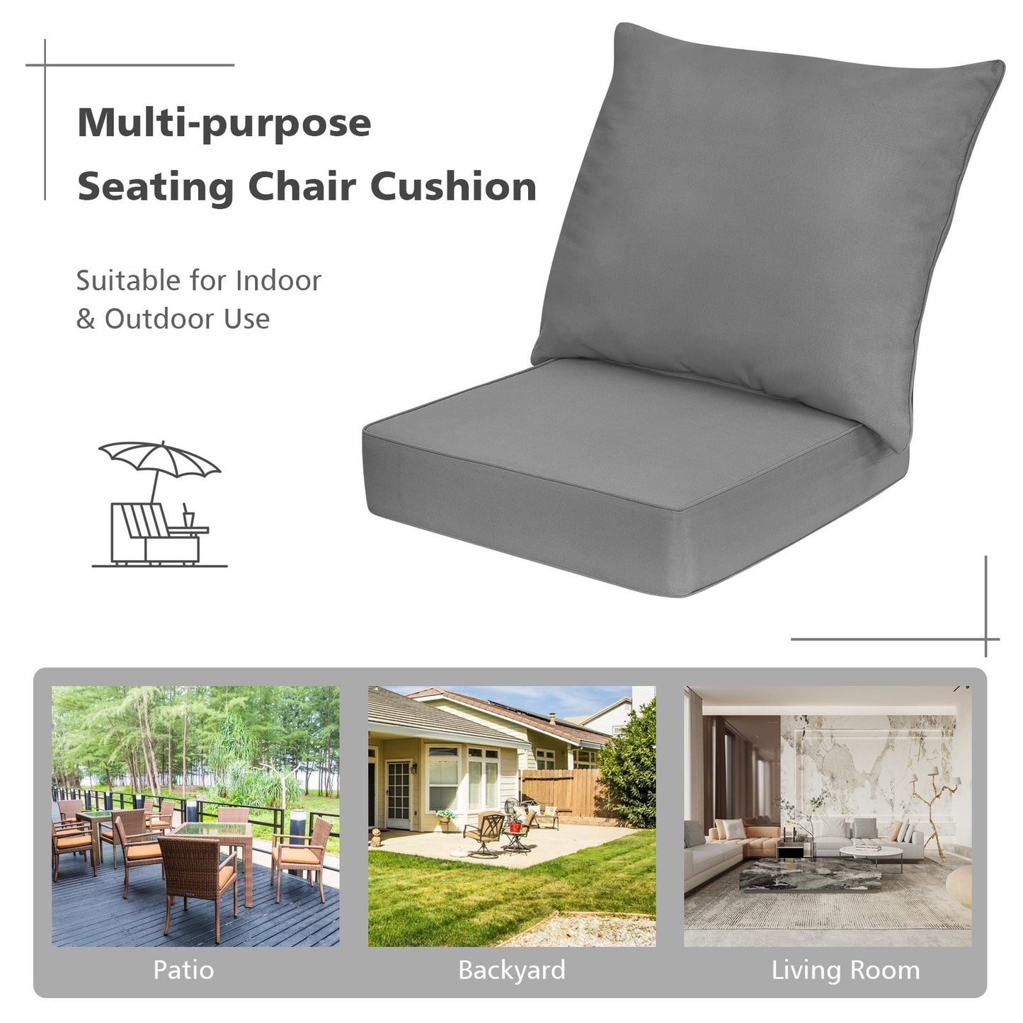 Deep Seat Chair Cushion Pads Set with Rope Belts for Indoor and Outdoor, Gray - Gallery Canada