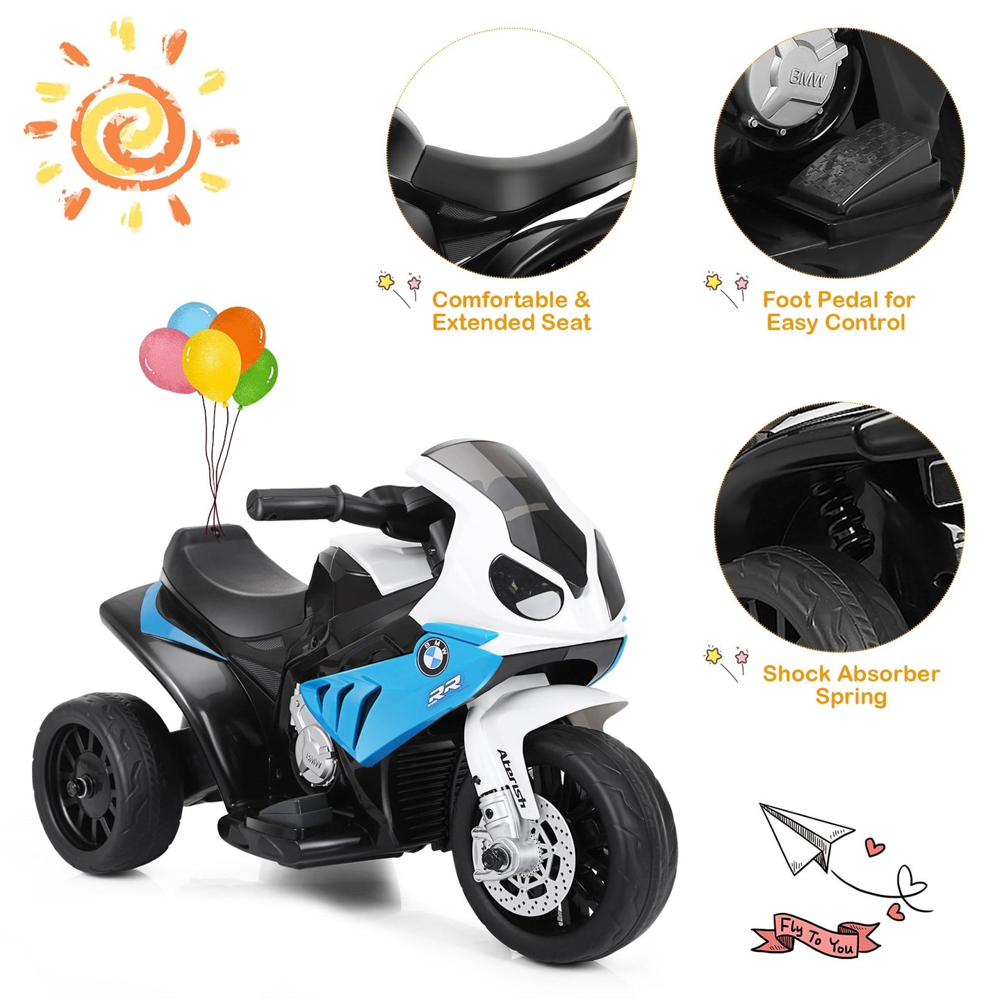 6V Kids 3 Wheels Riding BMW Licensed Electric Motorcycle, Blue Powered Ride On Toys   at Gallery Canada