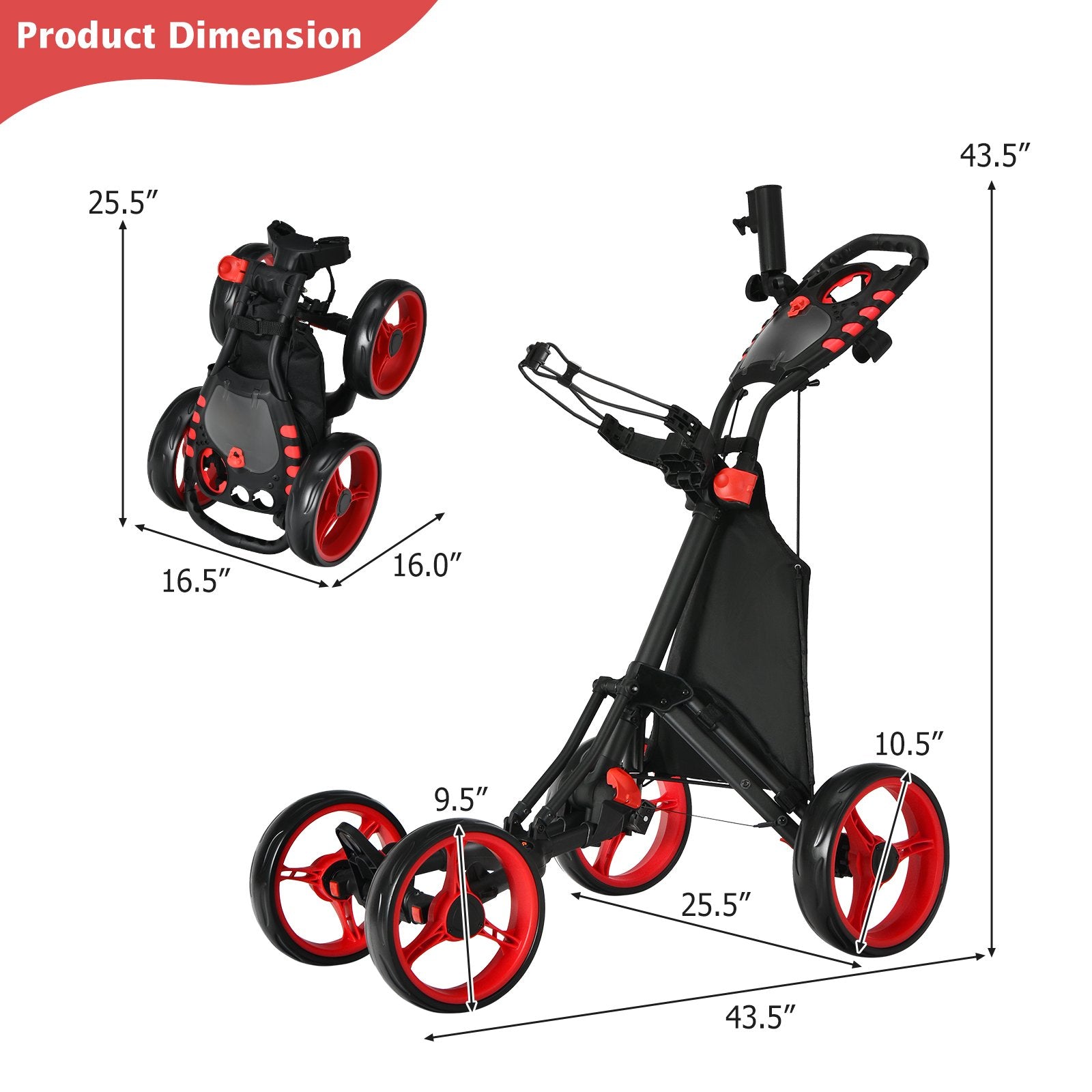 Lightweight Foldable Collapsible 4 Wheels Golf Push Cart, Red Golf   at Gallery Canada