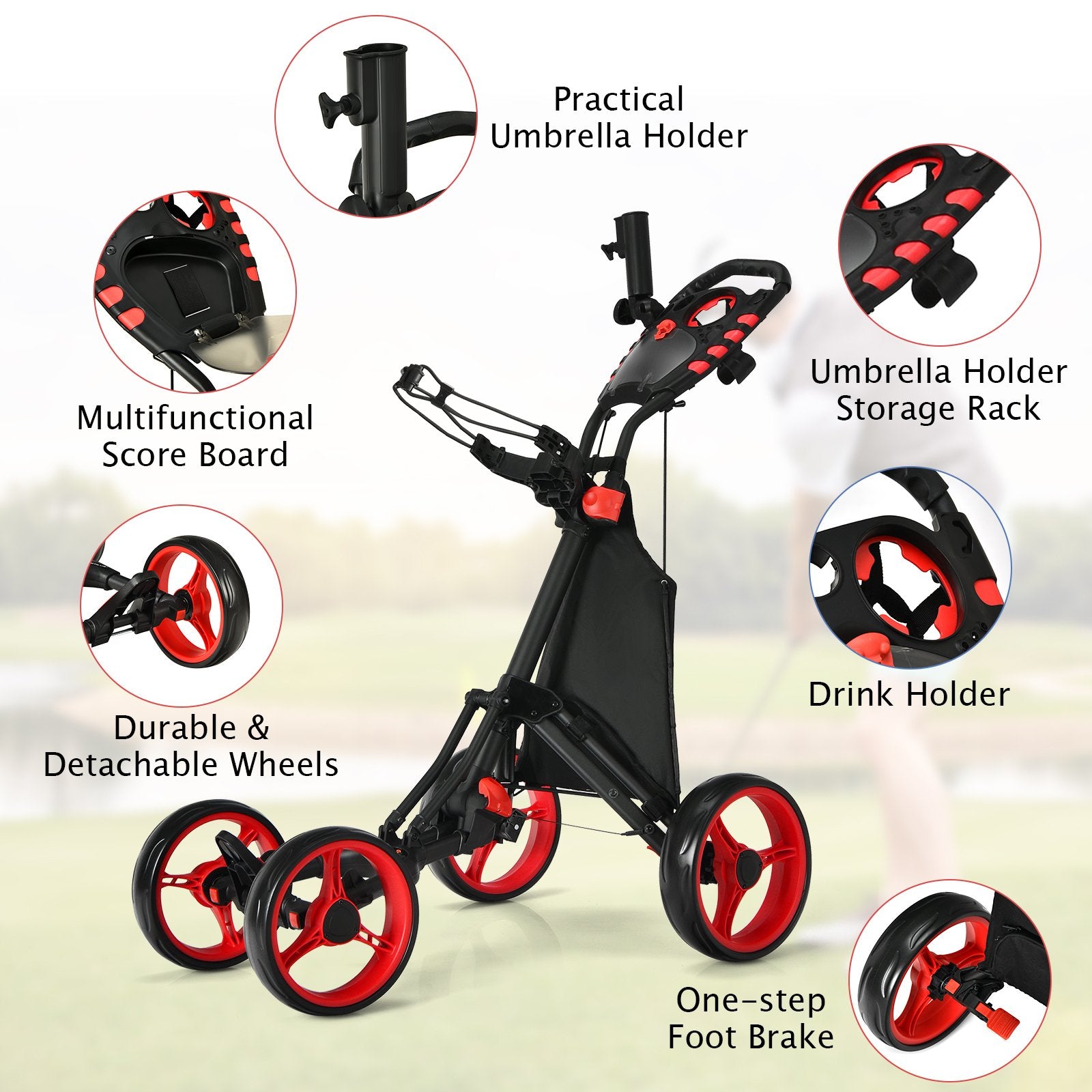 Lightweight Foldable Collapsible 4 Wheels Golf Push Cart, Red Golf   at Gallery Canada