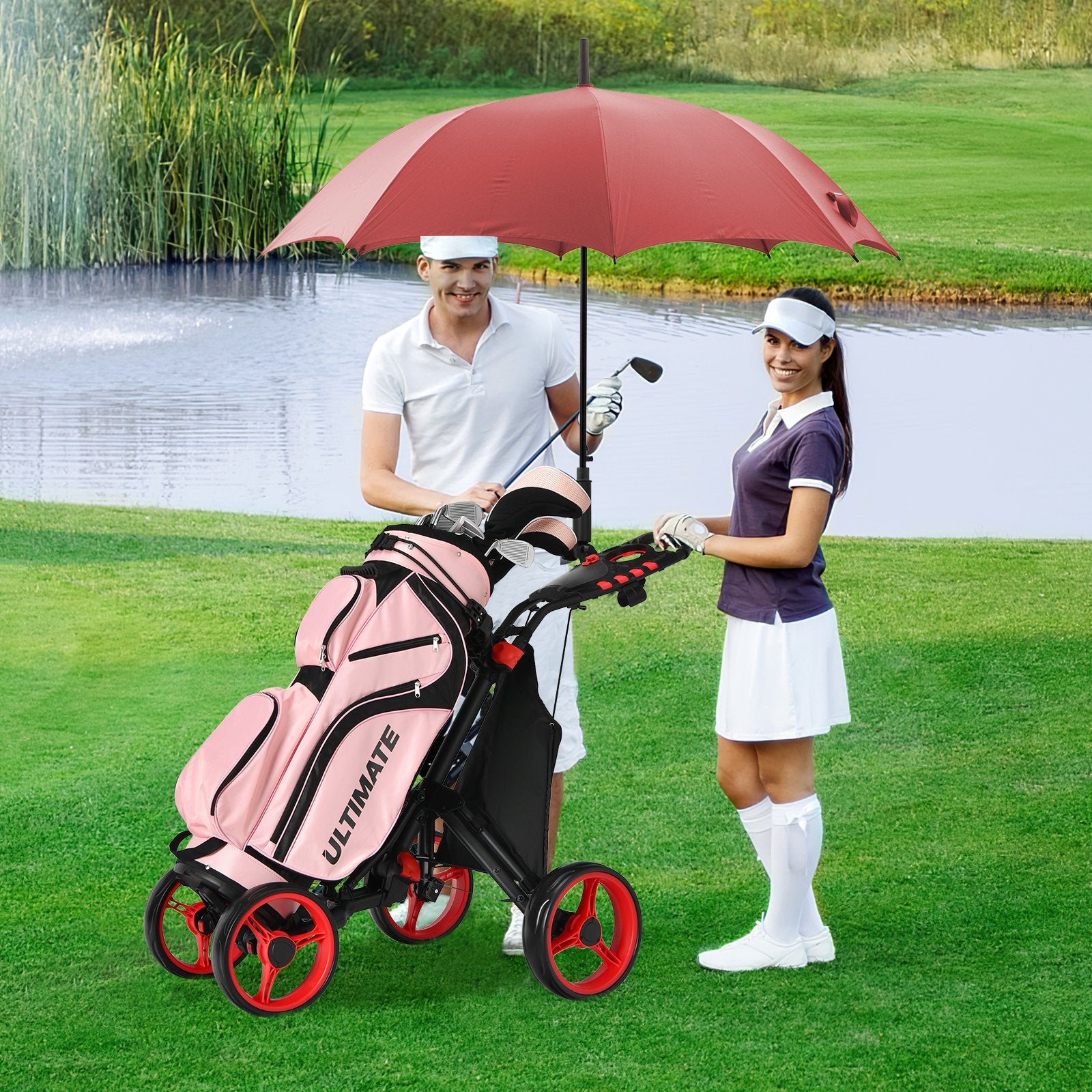 Lightweight Foldable Collapsible 4 Wheels Golf Push Cart, Red Golf   at Gallery Canada