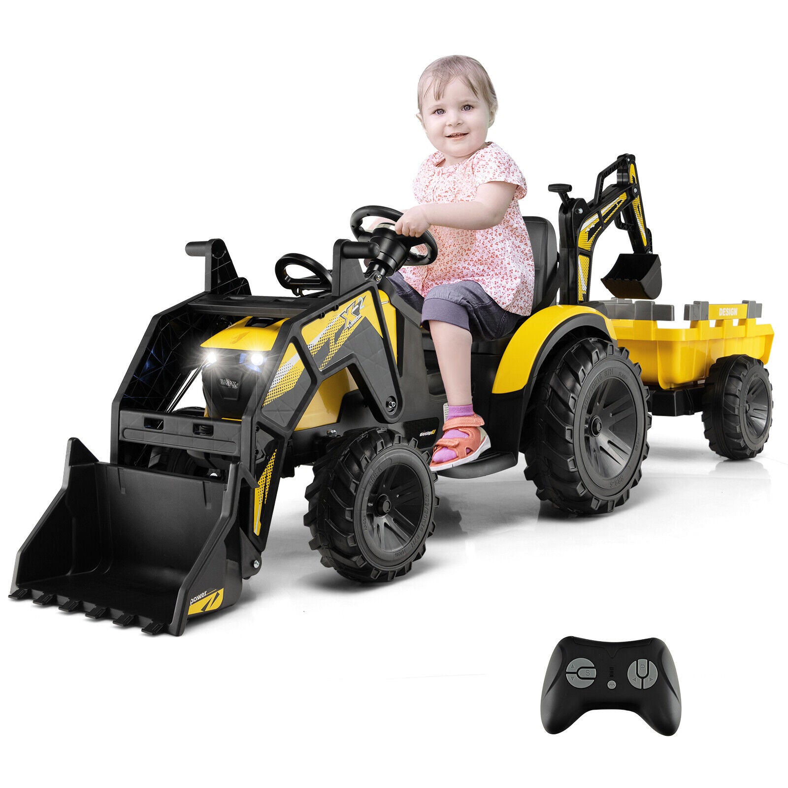 12V 3 in 1 Kids Ride On Excavator with Shovel Bucket and Music, Yellow Powered Ride On Toys at Gallery Canada