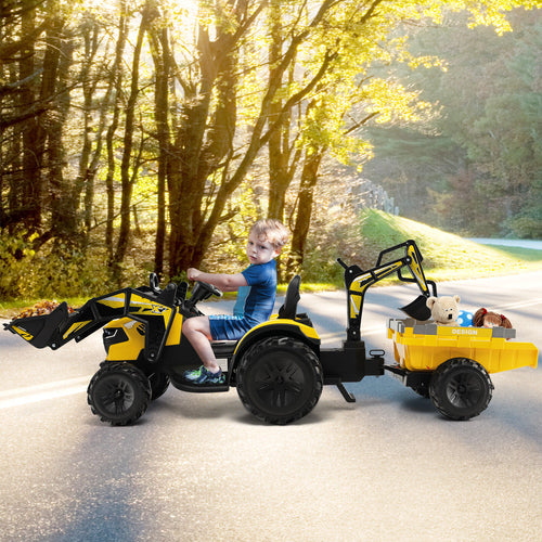 12V 3 in 1 Kids Ride On Excavator with Shovel Bucket and Music, Yellow