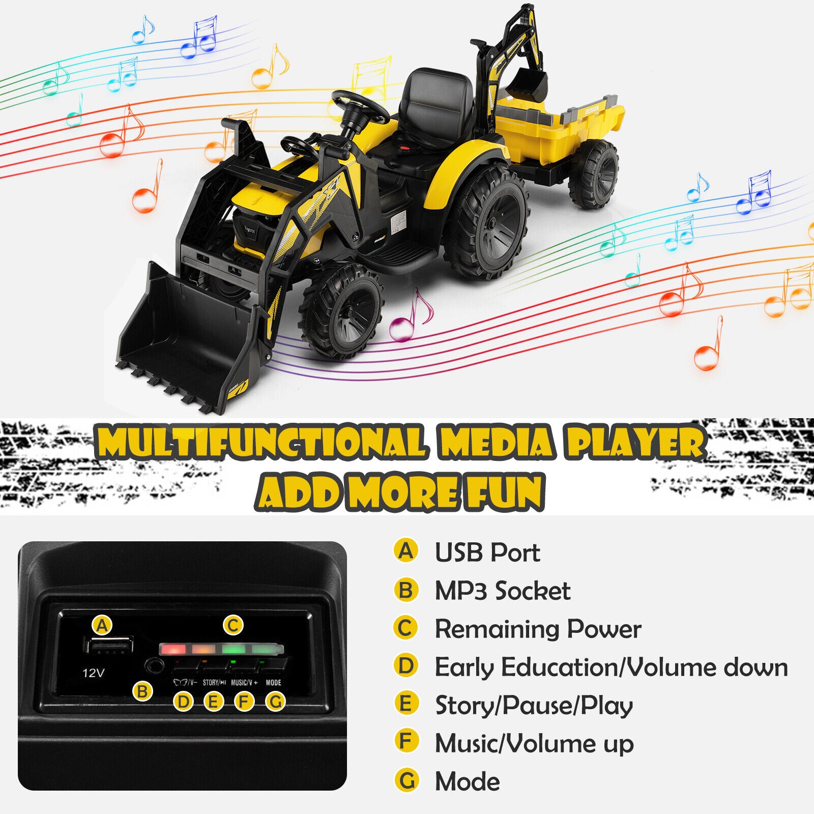 12V 3 in 1 Kids Ride On Excavator with Shovel Bucket and Music, Yellow Powered Ride On Toys at Gallery Canada