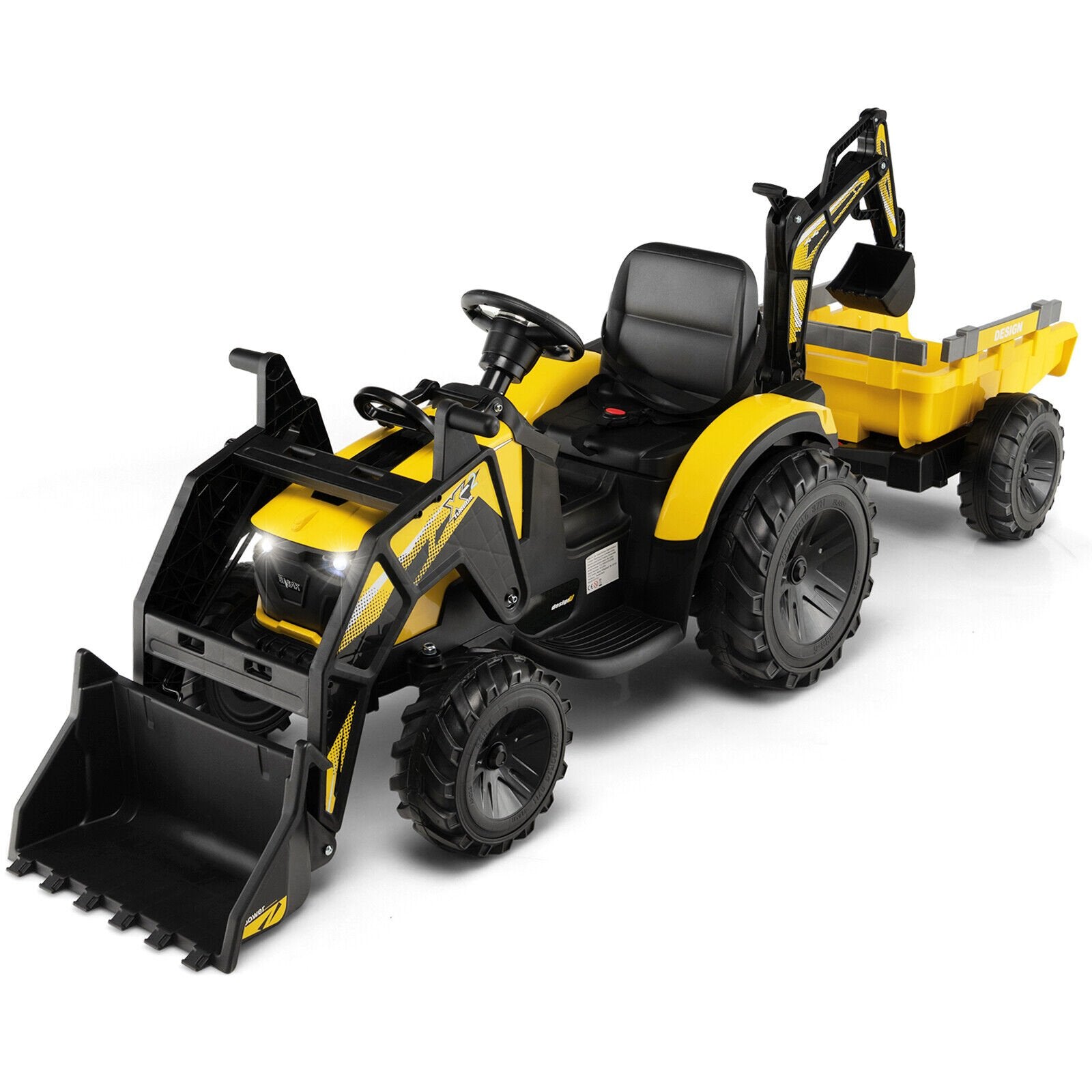 12V 3 in 1 Kids Ride On Excavator with Shovel Bucket and Music, Yellow Powered Ride On Toys Yellow at Gallery Canada