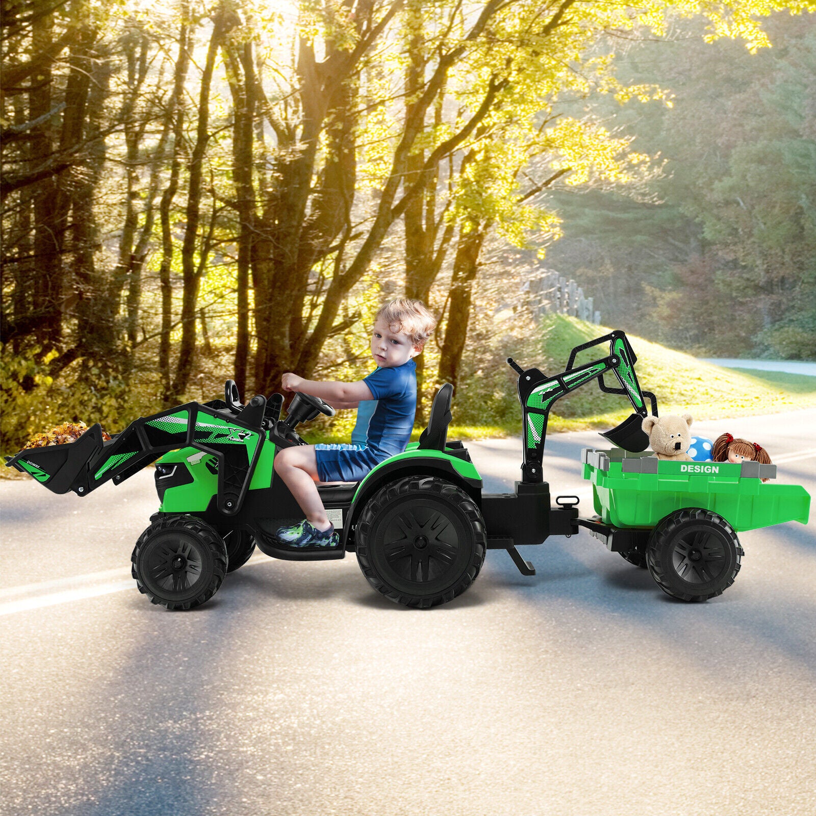 12V 3 in 1 Kids Ride On Excavator with Shovel Bucket and Music, Green Powered Ride On Toys at Gallery Canada