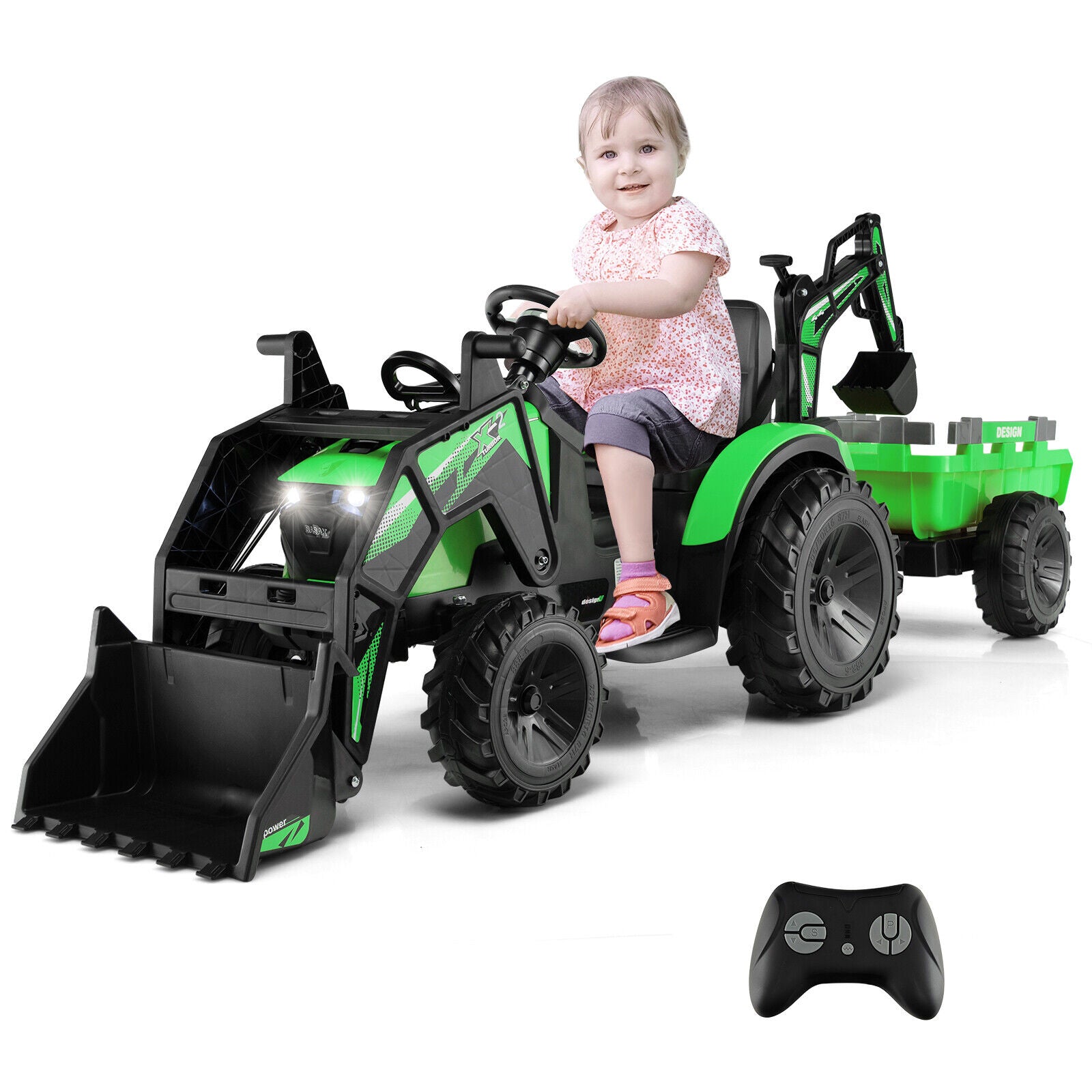 12V 3 in 1 Kids Ride On Excavator with Shovel Bucket and Music, Green Powered Ride On Toys at Gallery Canada