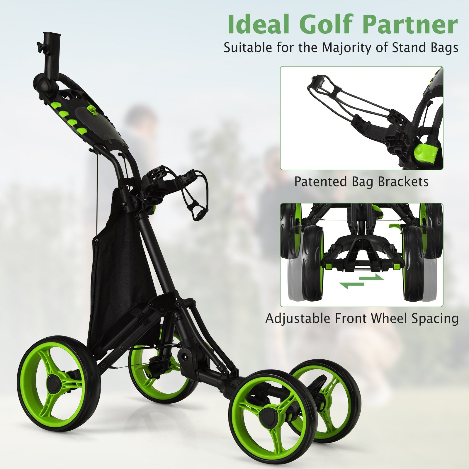 Lightweight Foldable Collapsible 4 Wheels Golf Push Cart, Green Golf   at Gallery Canada