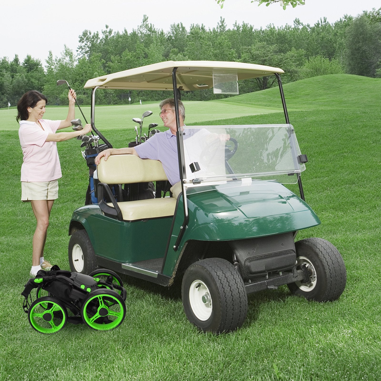 Lightweight Foldable Collapsible 4 Wheels Golf Push Cart, Green Golf   at Gallery Canada