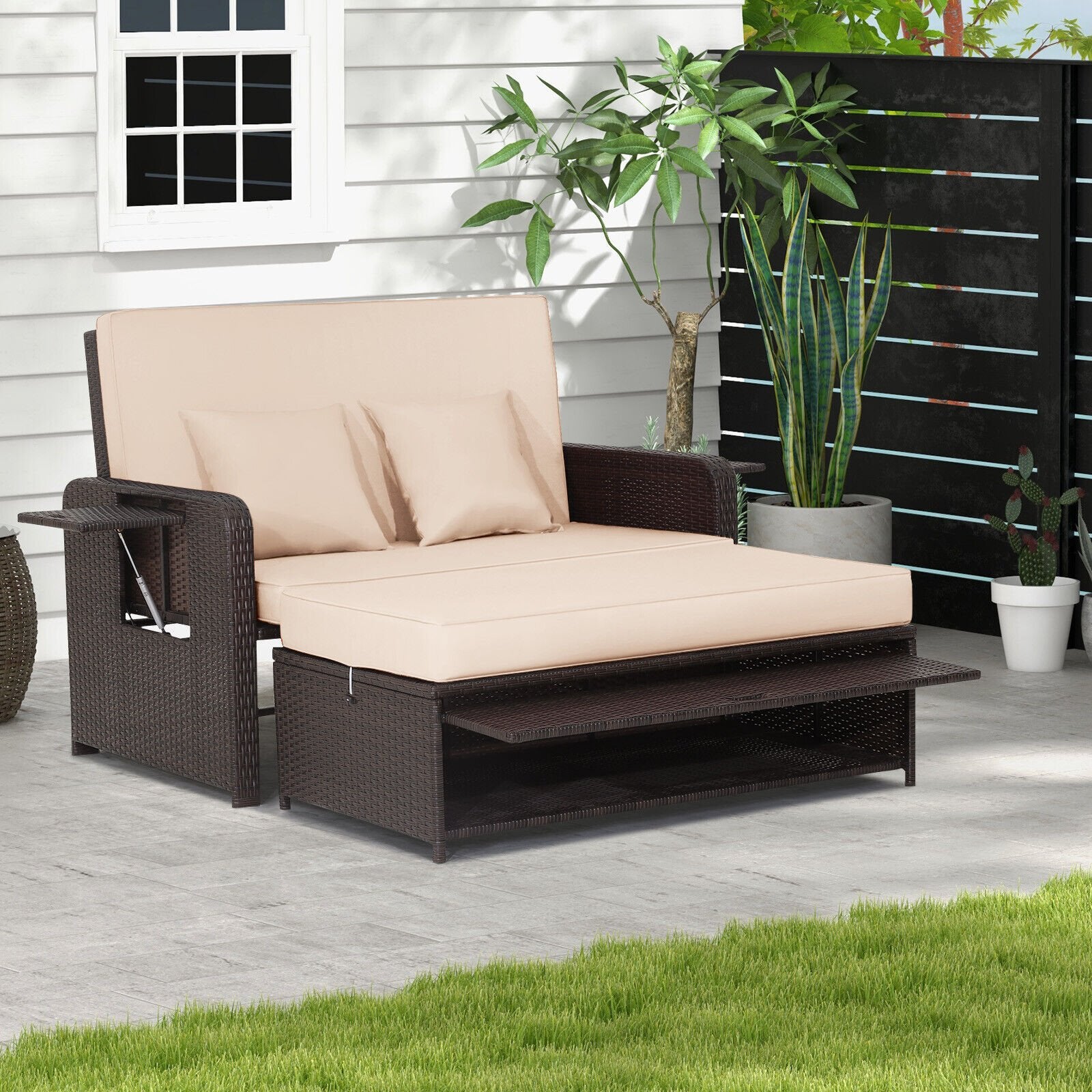 Patio Rattan Lounge Chair Set with 4-Level Adjustable Backrest and Retractable Side Tray, Brown Outdoor Sectionals   at Gallery Canada