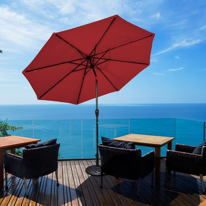 10' Solar LED Lighted Patio Market Umbrella Shade Tilt Adjustment Crank, Dark Red Outdoor Umbrellas   at Gallery Canada