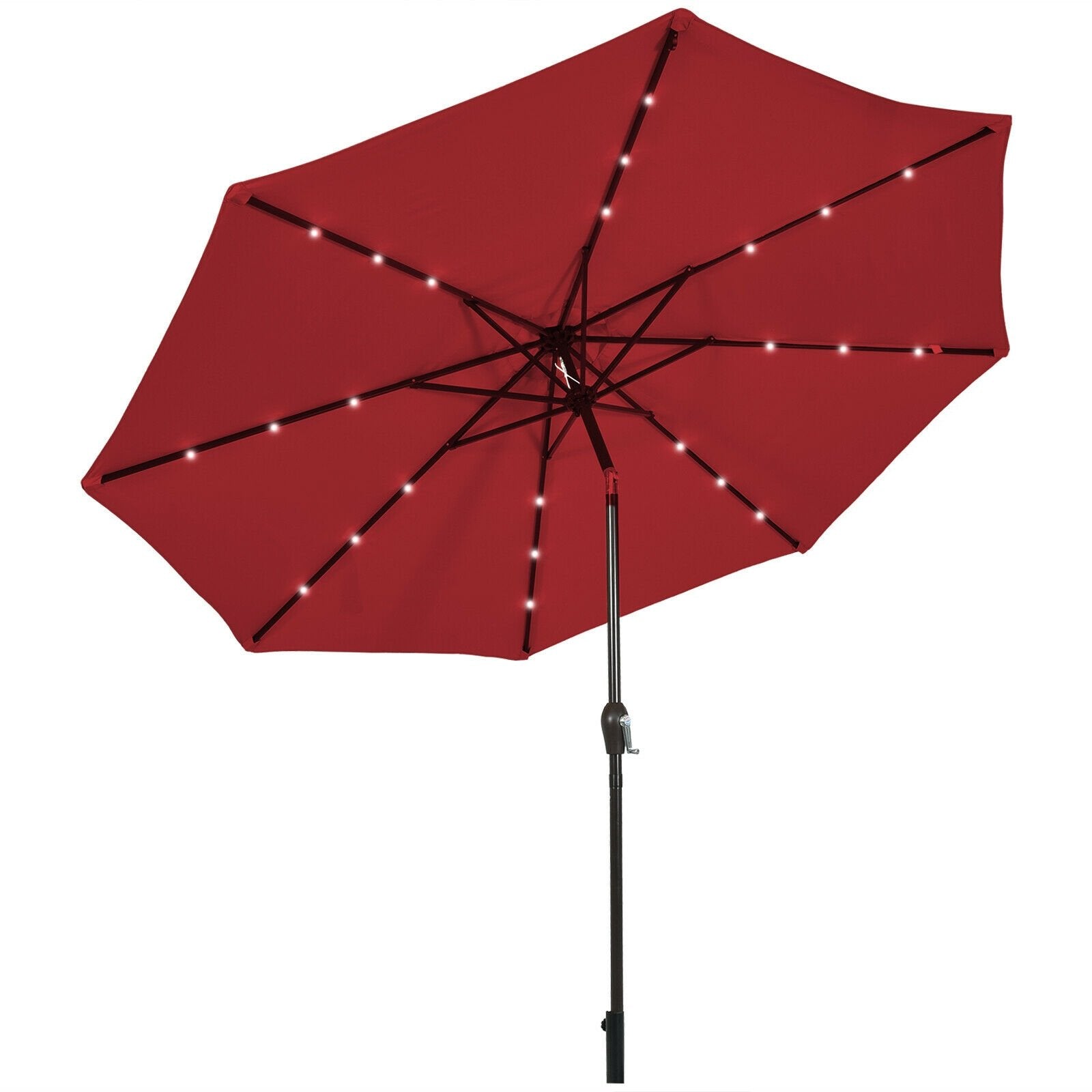 10' Solar LED Lighted Patio Market Umbrella Shade Tilt Adjustment Crank, Dark Red Outdoor Umbrellas   at Gallery Canada