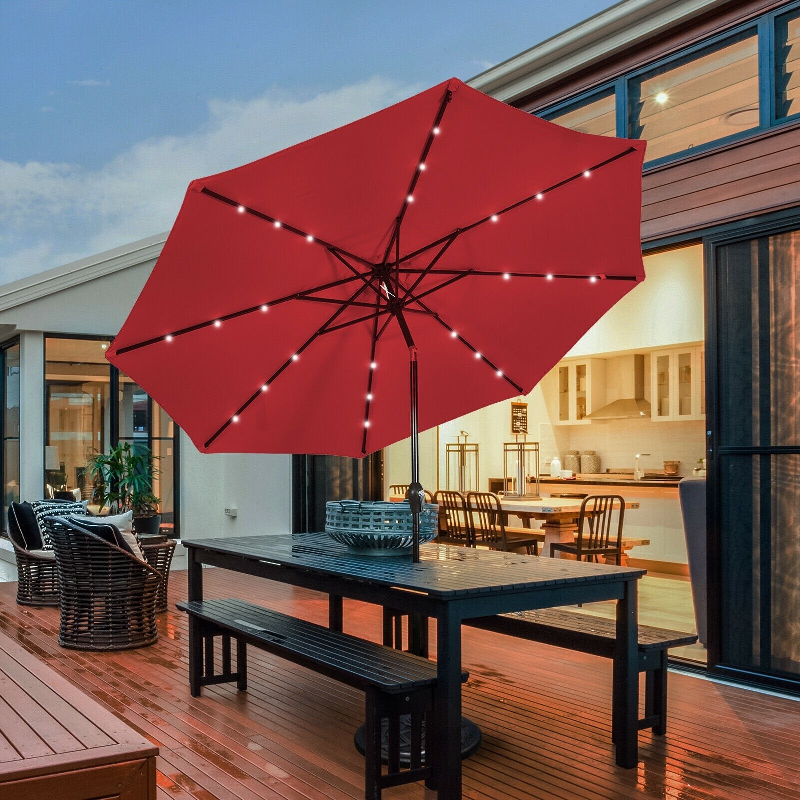 10' Solar LED Lighted Patio Market Umbrella Shade Tilt Adjustment Crank, Dark Red Outdoor Umbrellas   at Gallery Canada