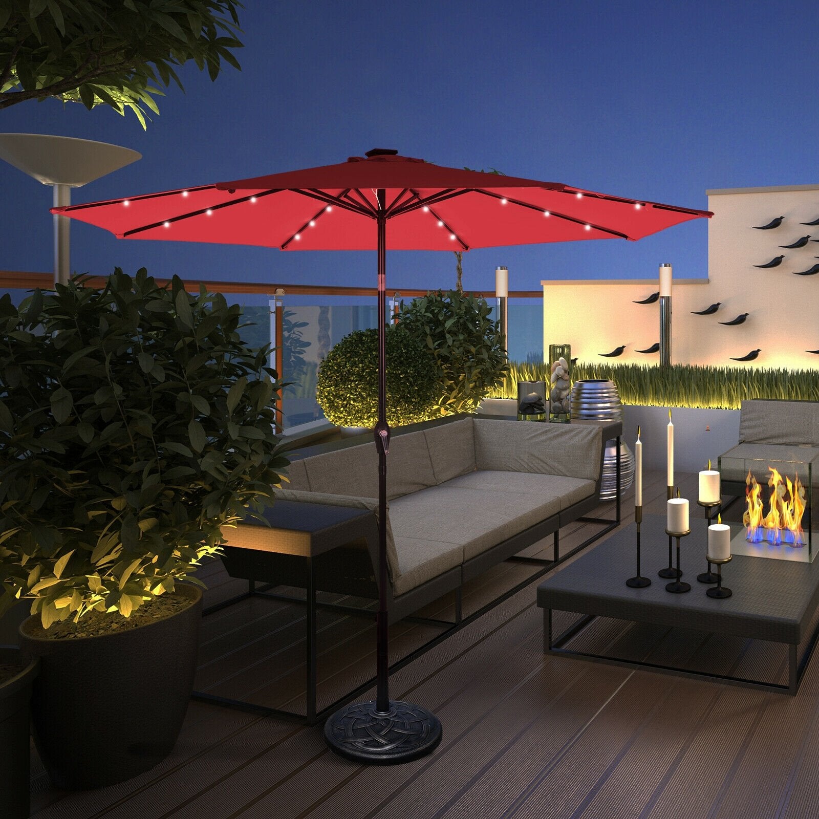 10' Solar LED Lighted Patio Market Umbrella Shade Tilt Adjustment Crank, Dark Red Outdoor Umbrellas   at Gallery Canada