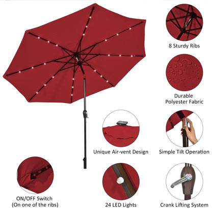 10' Solar LED Lighted Patio Market Umbrella Shade Tilt Adjustment Crank, Dark Red Outdoor Umbrellas   at Gallery Canada