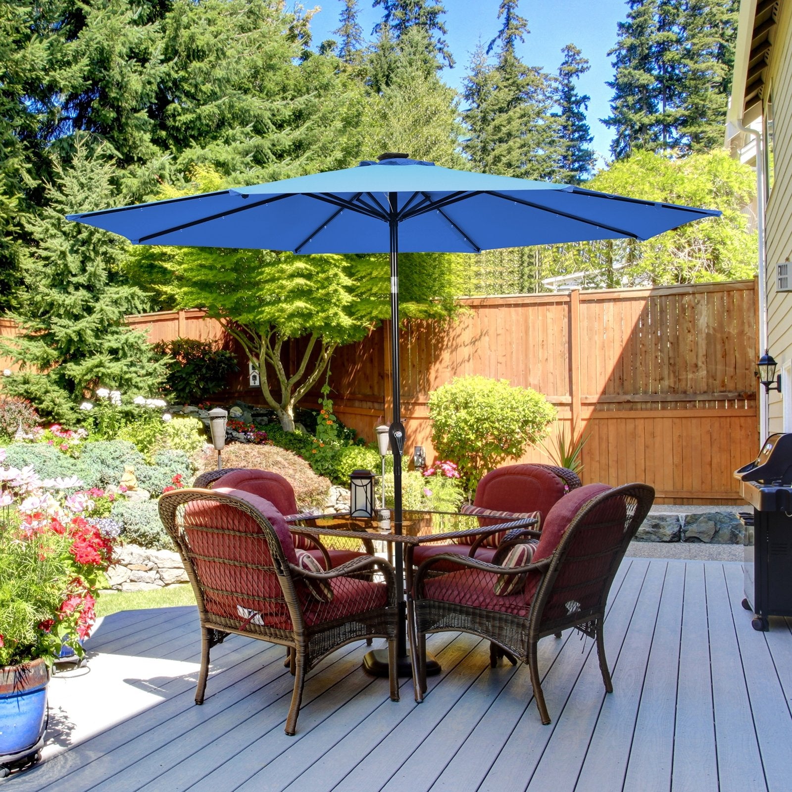 10' Solar LED Lighted Patio Market Umbrella Shade Tilt Adjustment Crank, Blue Outdoor Umbrellas   at Gallery Canada