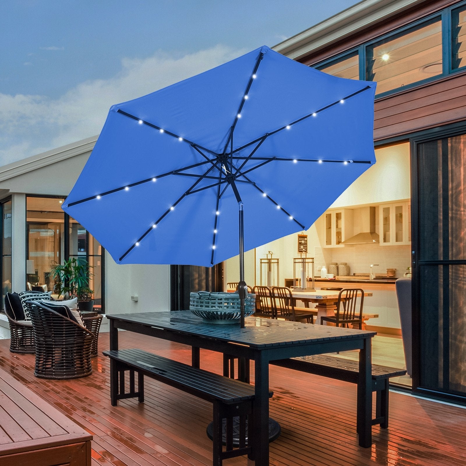 10' Solar LED Lighted Patio Market Umbrella Shade Tilt Adjustment Crank, Blue - Gallery Canada