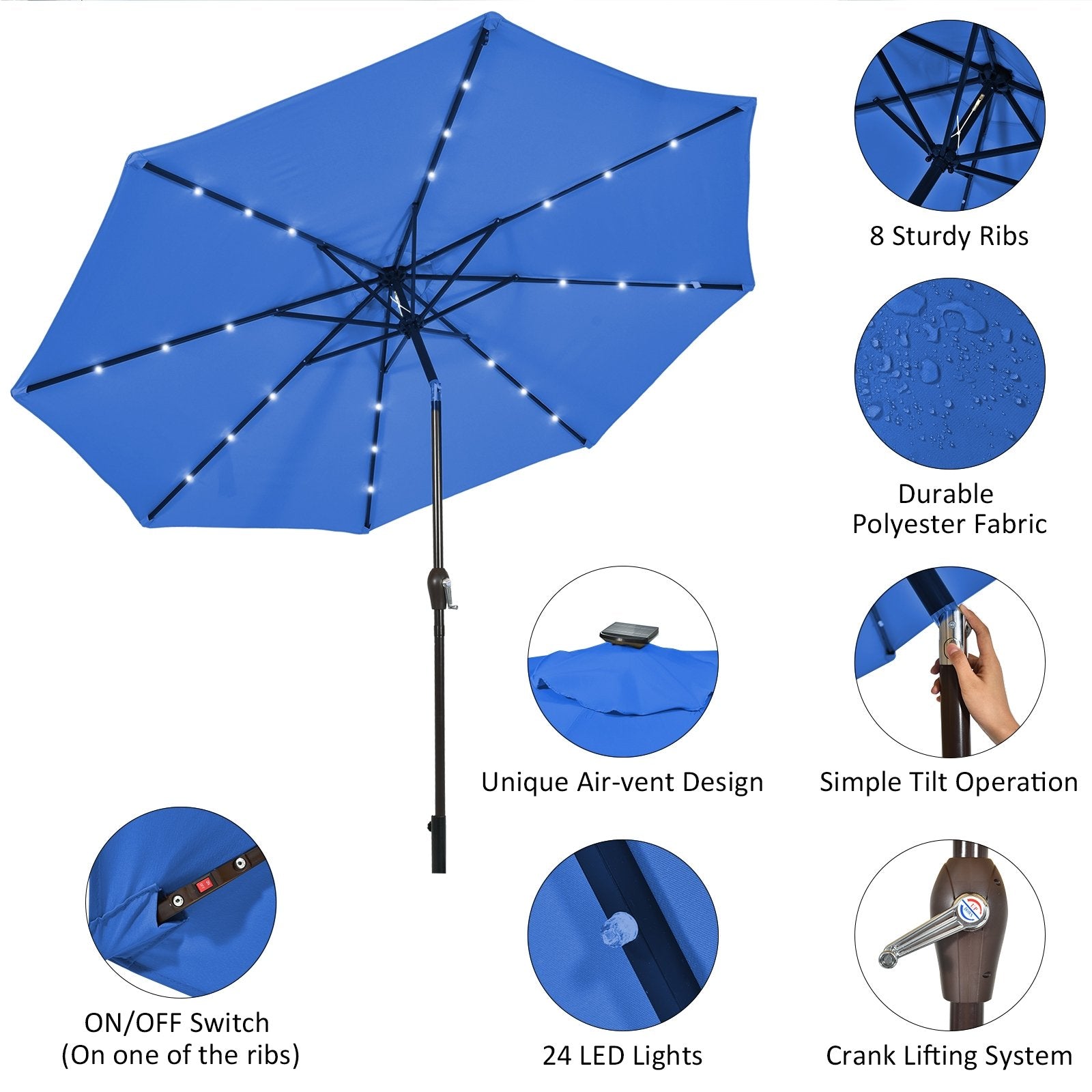 10' Solar LED Lighted Patio Market Umbrella Shade Tilt Adjustment Crank, Blue Outdoor Umbrellas   at Gallery Canada