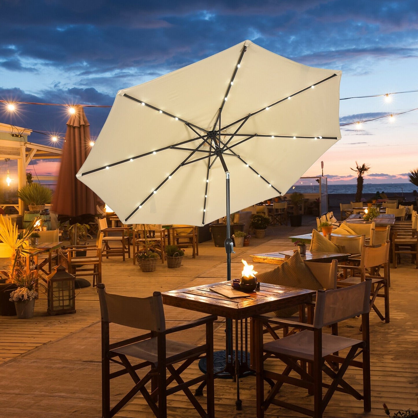 10' Solar LED Lighted Patio Market Umbrella Shade Tilt Adjustment Crank, Beige Outdoor Umbrellas   at Gallery Canada