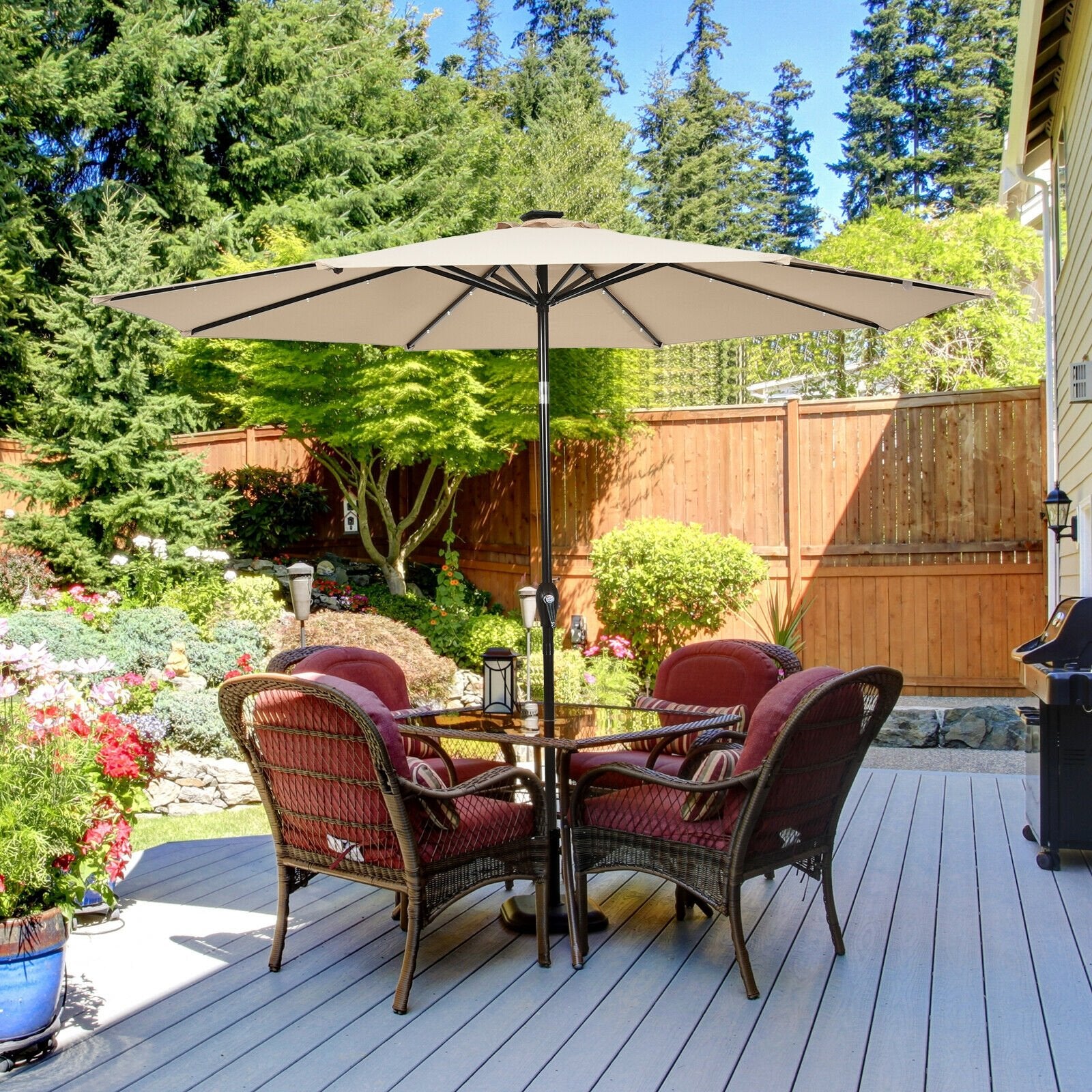 10' Solar LED Lighted Patio Market Umbrella Shade Tilt Adjustment Crank, Beige Outdoor Umbrellas   at Gallery Canada