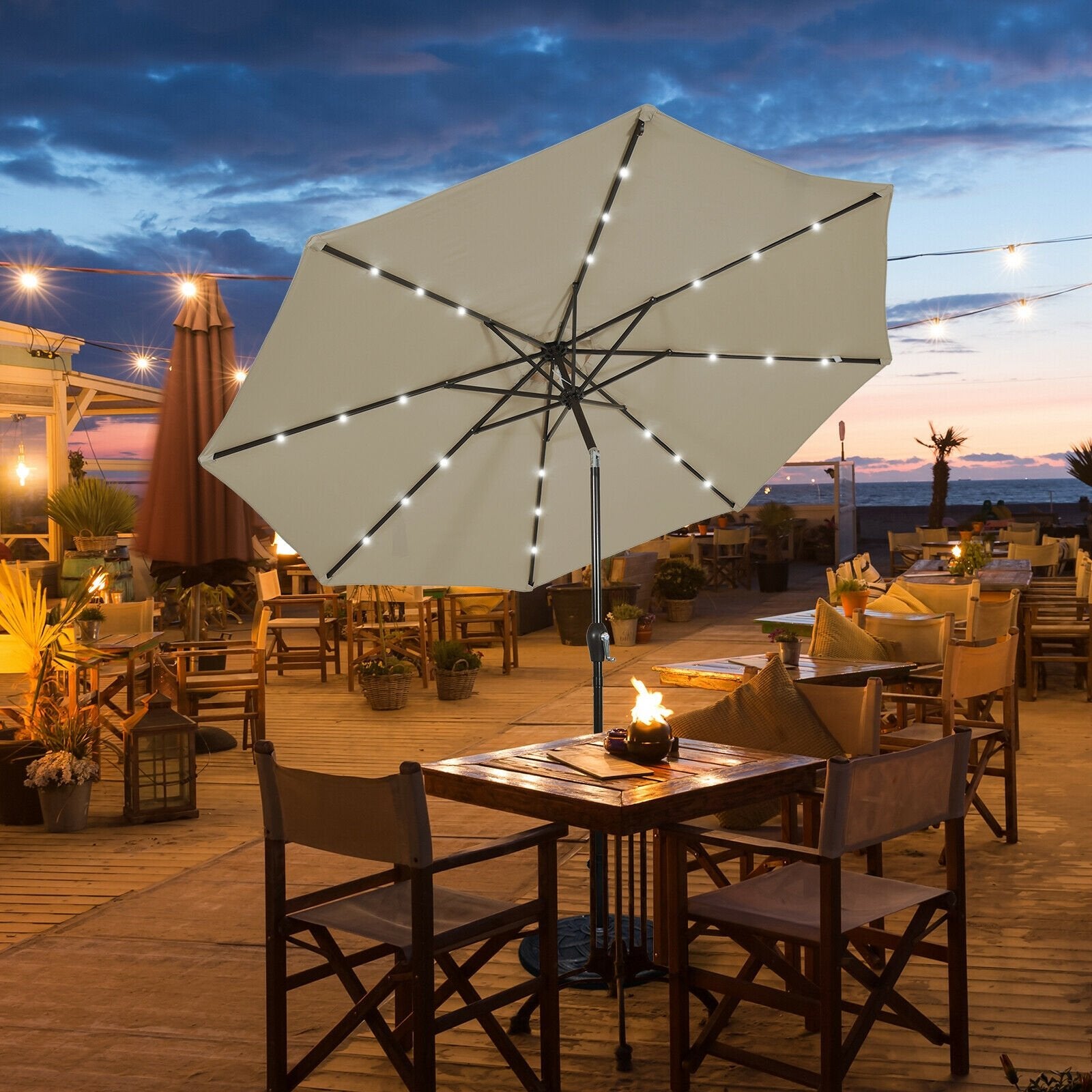 10' Solar LED Lighted Patio Market Umbrella Shade Tilt Adjustment Crank, Tan Outdoor Umbrellas   at Gallery Canada