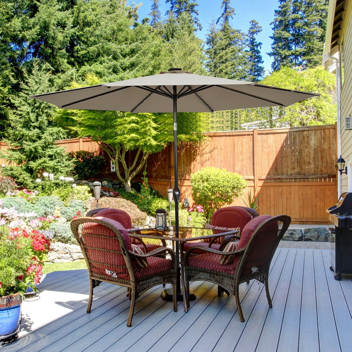 10' Solar LED Lighted Patio Market Umbrella Shade Tilt Adjustment Crank, Tan Outdoor Umbrellas   at Gallery Canada