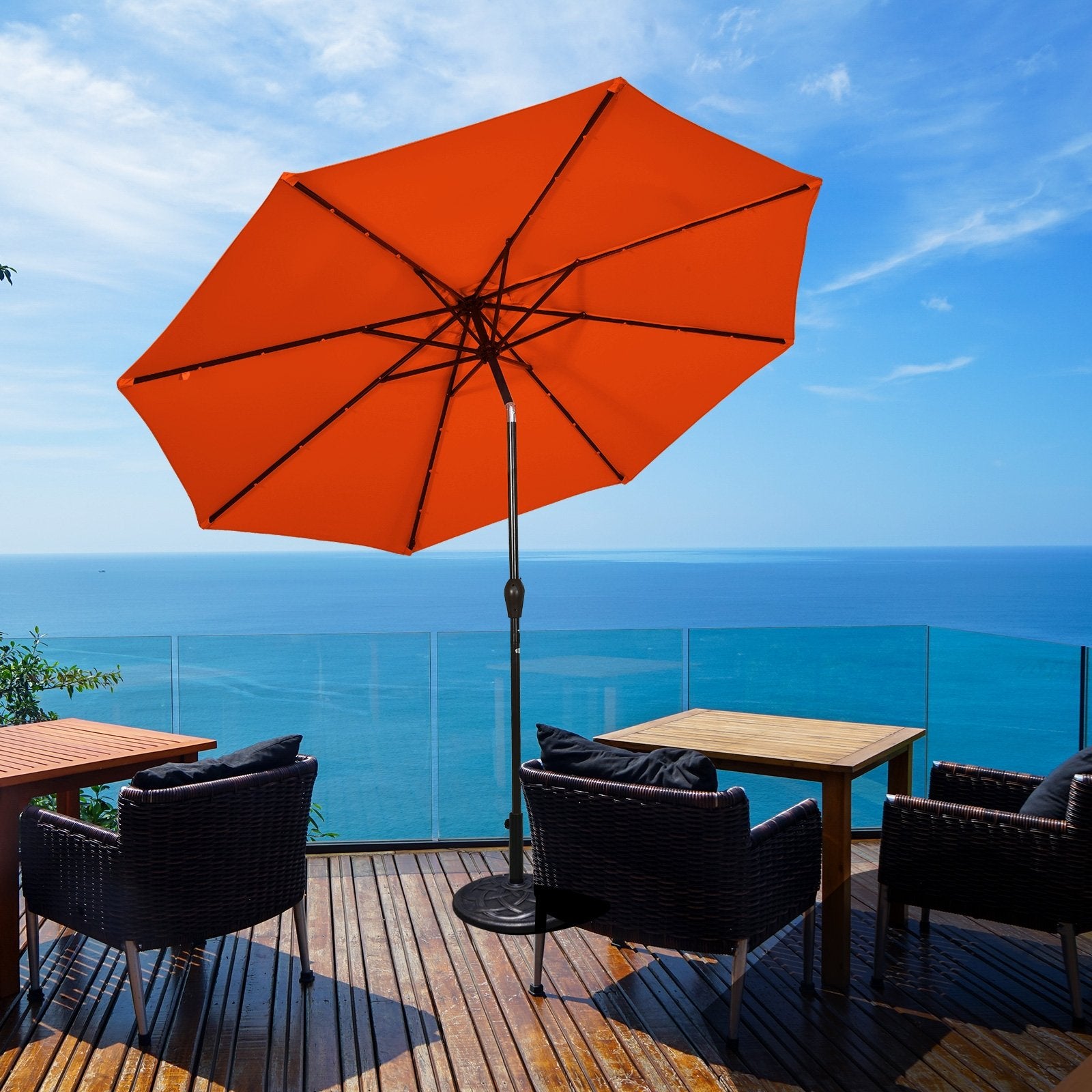 10' Solar LED Lighted Patio Market Umbrella Shade Tilt Adjustment Crank, Orange Outdoor Umbrellas   at Gallery Canada