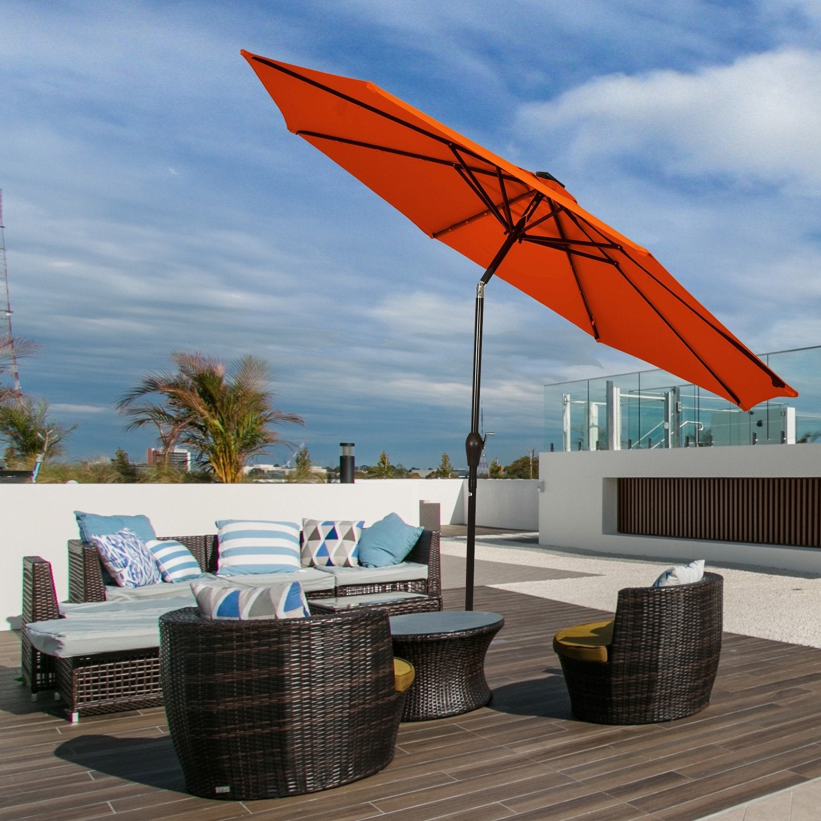 10' Solar LED Lighted Patio Market Umbrella Shade Tilt Adjustment Crank, Orange Outdoor Umbrellas   at Gallery Canada