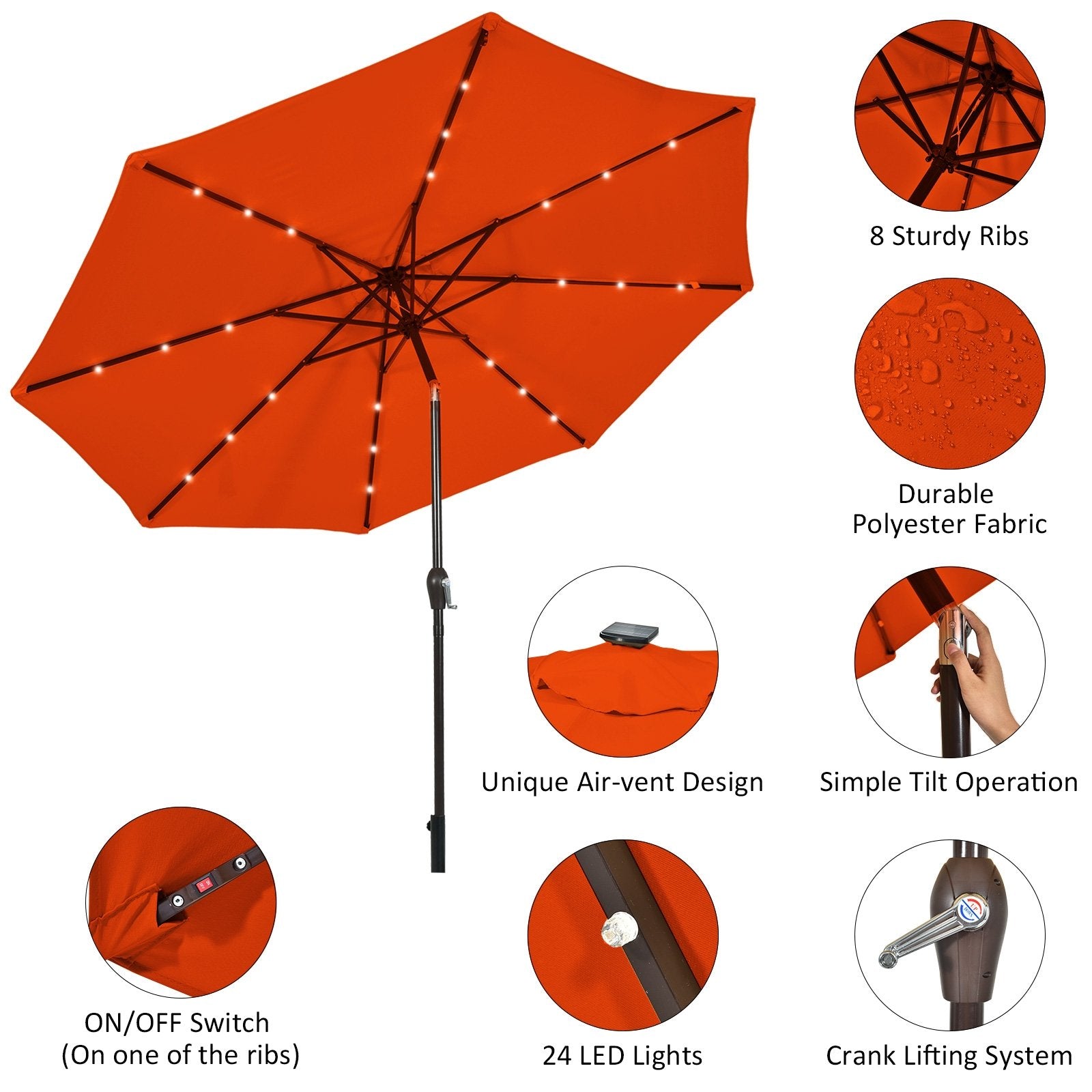 10' Solar LED Lighted Patio Market Umbrella Shade Tilt Adjustment Crank, Orange Outdoor Umbrellas   at Gallery Canada