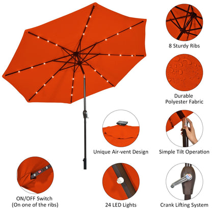 10' Solar LED Lighted Patio Market Umbrella Shade Tilt Adjustment Crank, Orange Outdoor Umbrellas   at Gallery Canada