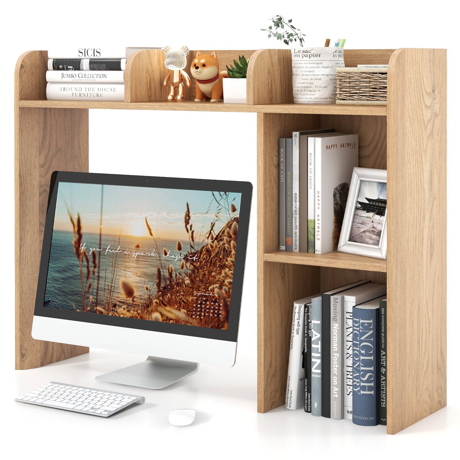 3-Tier Multipurpose Desk Bookshelf with 4 Shelves, Natural Bookcases   at Gallery Canada