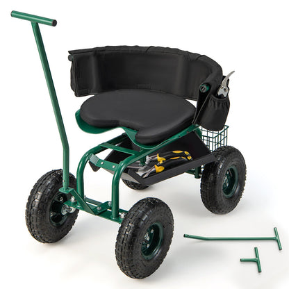 Rolling Garden Cart with Height Adjustable Swivel Seat and Storage Basket, Green Garden Carts   at Gallery Canada