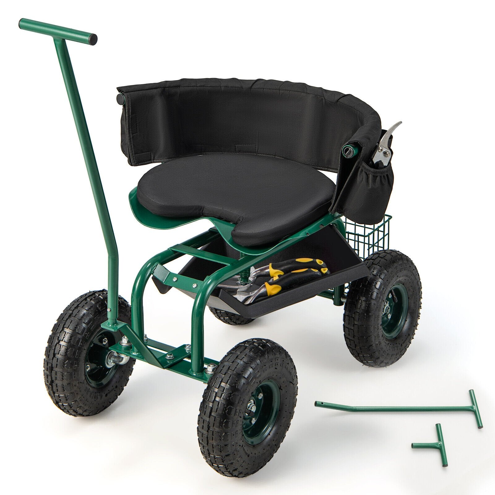Rolling Garden Cart with Height Adjustable Swivel Seat and Storage Basket, Green Garden Carts Green at Gallery Canada