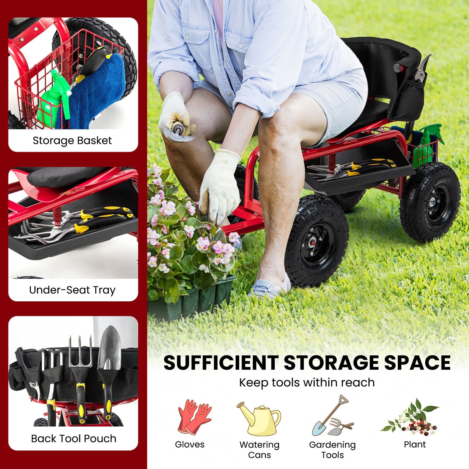 Cushioned Rolling Garden Cart Scooter with Storage Basket and Tool Pouch, Black & Red Garden Carts   at Gallery Canada