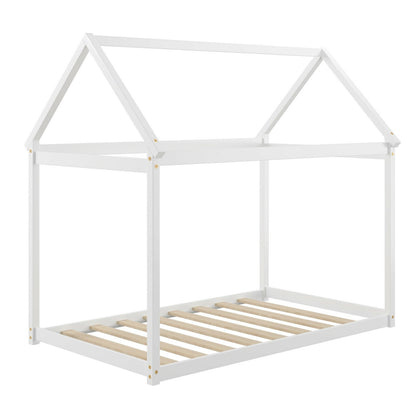 Stable Kids Platform Floor Bed with Roof ang Heavy-Duty Slats, White Simple Bed Frame   at Gallery Canada