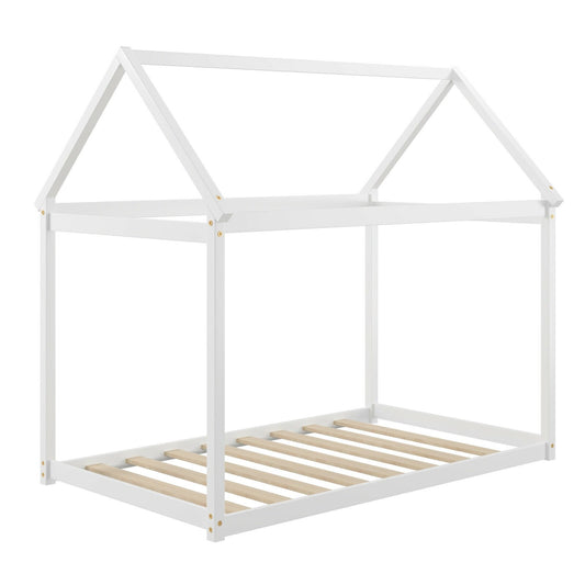 Stable Kids Platform Floor Bed with Roof ang Heavy-Duty Slats, White - Gallery Canada