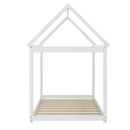 Stable Kids Platform Floor Bed with Roof ang Heavy-Duty Slats, White Simple Bed Frame   at Gallery Canada