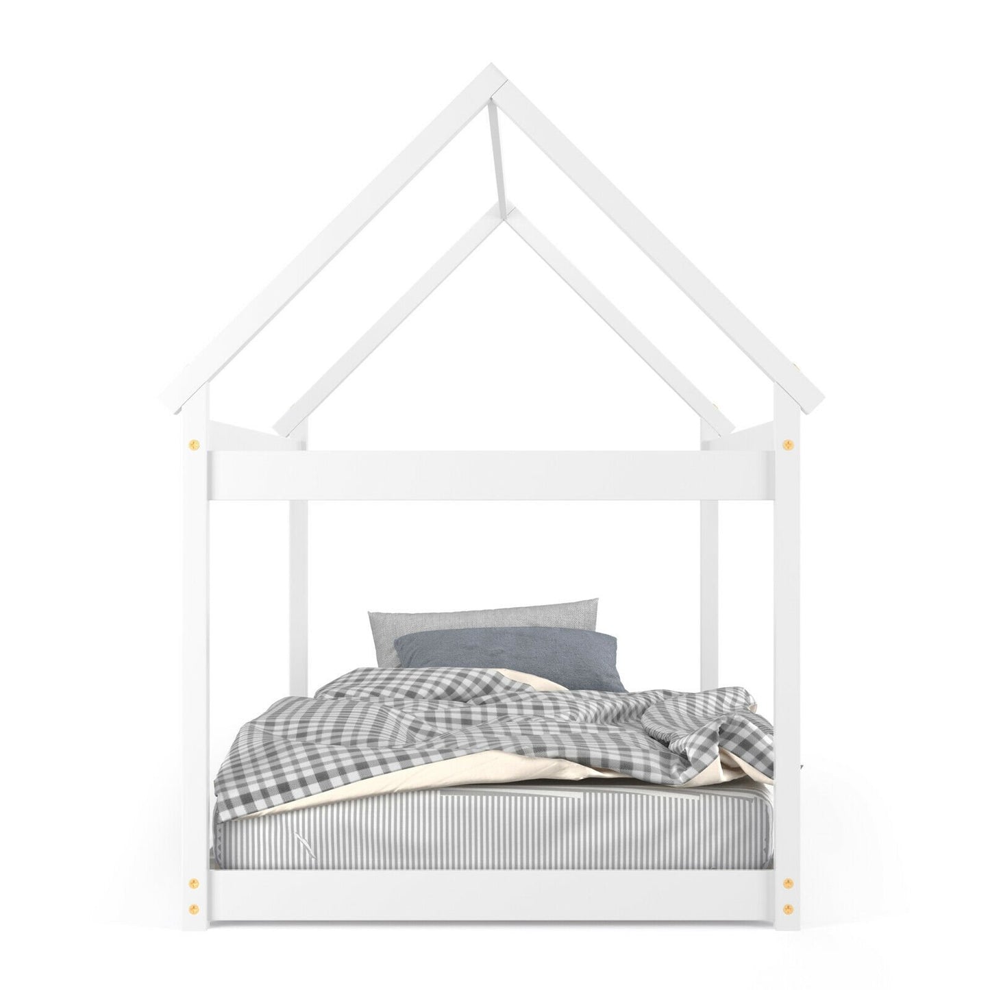 Stable Kids Platform Floor Bed with Roof ang Heavy-Duty Slats, White Simple Bed Frame   at Gallery Canada