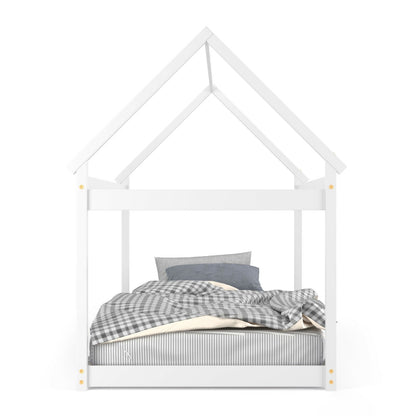 Stable Kids Platform Floor Bed with Roof ang Heavy-Duty Slats, White Simple Bed Frame   at Gallery Canada