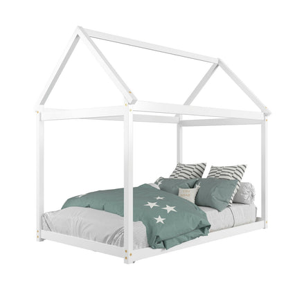 Stable Kids Platform Floor Bed with Roof ang Heavy-Duty Slats, White Simple Bed Frame   at Gallery Canada