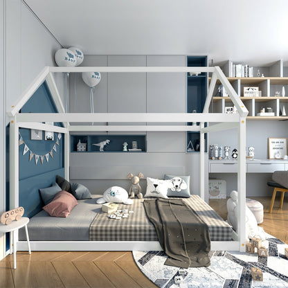 Stable Kids Platform Floor Bed with Roof ang Heavy-Duty Slats, White Simple Bed Frame   at Gallery Canada