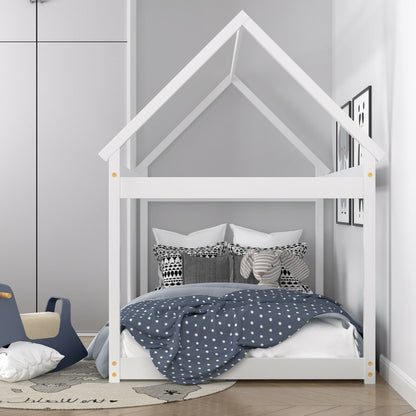 Stable Kids Platform Floor Bed with Roof ang Heavy-Duty Slats, White Simple Bed Frame   at Gallery Canada