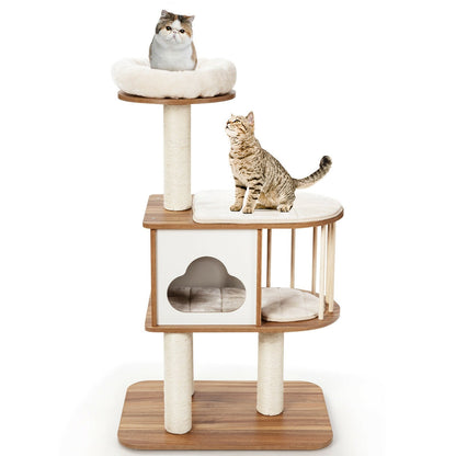 46 Inch Wooden Cat Activity Tree with Platform and Cushions, Brown - Gallery Canada