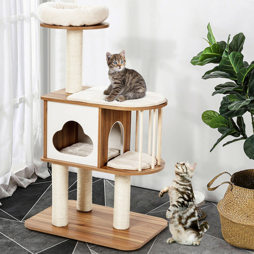 46 Inch Wooden Cat Activity Tree with Platform and Cushions, Brown